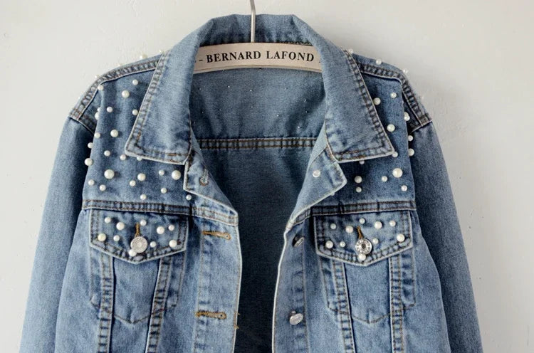 To Sizes 5XL Versatile Pearl Cropped Denim Jacket Loose Fit