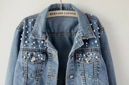 To Sizes 5XL Versatile Pearl Cropped Denim Jacket Loose Fit