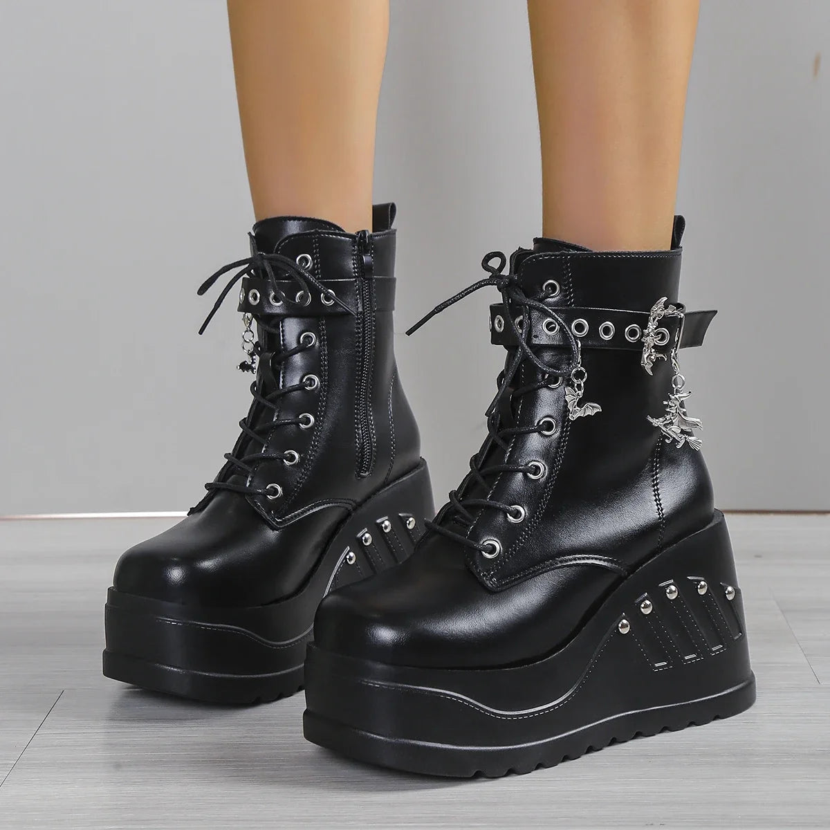 Punk Goth Platform Heels Wedge Heeled Boots, Tie and Strap Closures