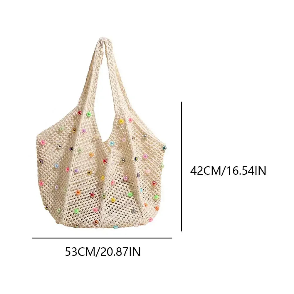 Boho Crochet Bag with Colored Beads Aesthetic Large Capacity Knitted Tote/Handbag Available in 4 Colors