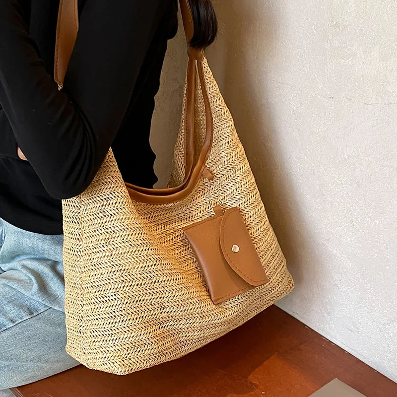 Bohemian Handmade Large Capacity Purse with Faux Leather Strap and small exterior change purse