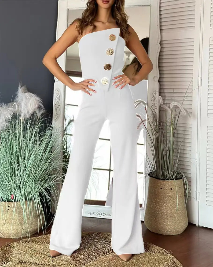 Asymmetrical Bandeau Strapless Jumpsuit Metal Buttons long pants, strapless