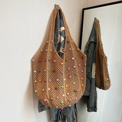 Boho Crochet Bag with Colored Beads Aesthetic Large Capacity Knitted Tote/Handbag Available in 4 Colors
