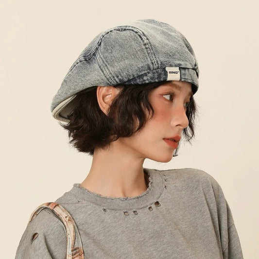 Quality Retro Pre-Washed Denim Beret Versatile Good Face-forward Hat