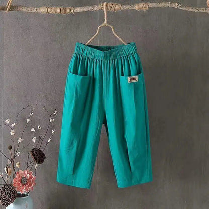 Cotton Linen Cropped 3/4 Length Pants, Loose, Linen with Elastic Waist and Pockets