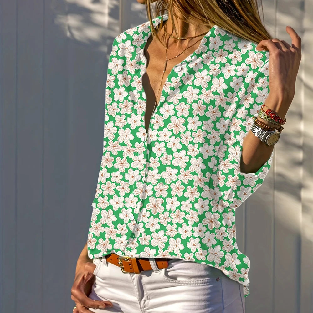 Women'S Shirts Sizes to 3XL Floral Print Button-Up Plus-Size Casual