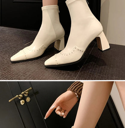 Rivetted Boots with Square Toes and Chunky Heels. Over the Ankle Stretch Tops