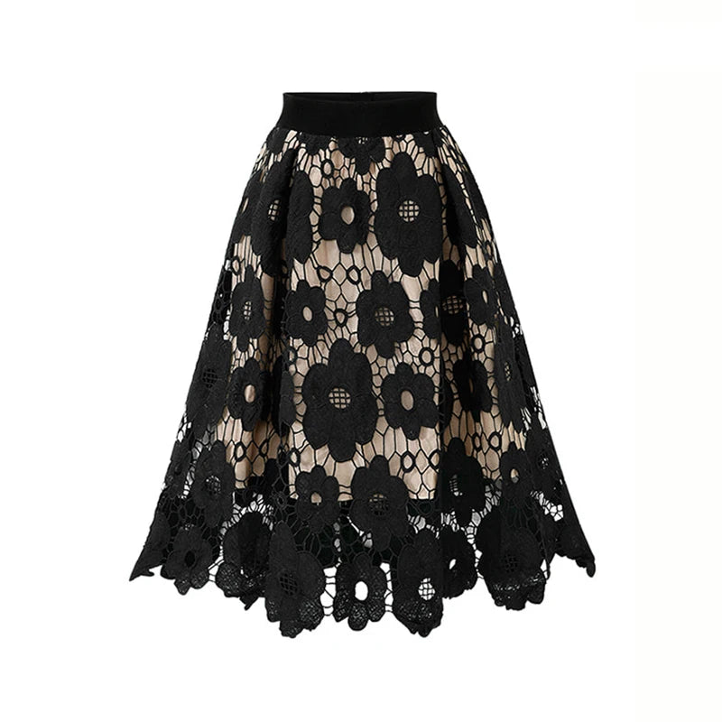 Sizes to 4XL, Lace Overlay, Vintage Mesh Plus Size Skirt with Elastic Waist A-Line Midi