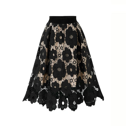 Sizes to 4XL, Lace Overlay, Vintage Mesh Plus Size Skirt with Elastic Waist A-Line Midi