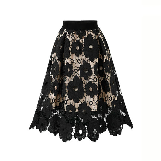 Sizes to 4XL, Lace Overlay, Vintage Mesh Plus Size Skirt with Elastic Waist A-Line Midi