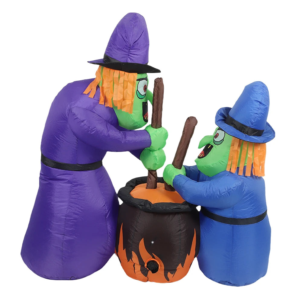 Two 5Ft Halloween Inflatable Witches and Cauldron with Built-in LEDs