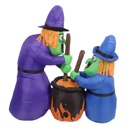 Two 5Ft Halloween Inflatable Witches and Cauldron with Built-in LEDs