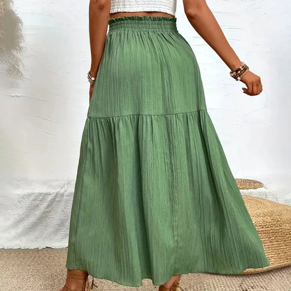 Bohemian Midi Skirt, High Waisted, Solid Colors, Casual with Side Slit, 3 Colors