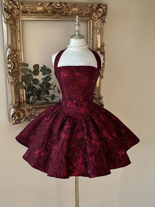Burgundy Jacquard Halter Backless A-Line Mini Dress for Fun and Formal Events