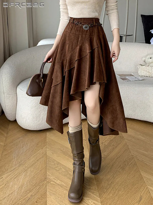 Boho Retro Asymmetrical Suede Midi Skirt with Elastic Waist