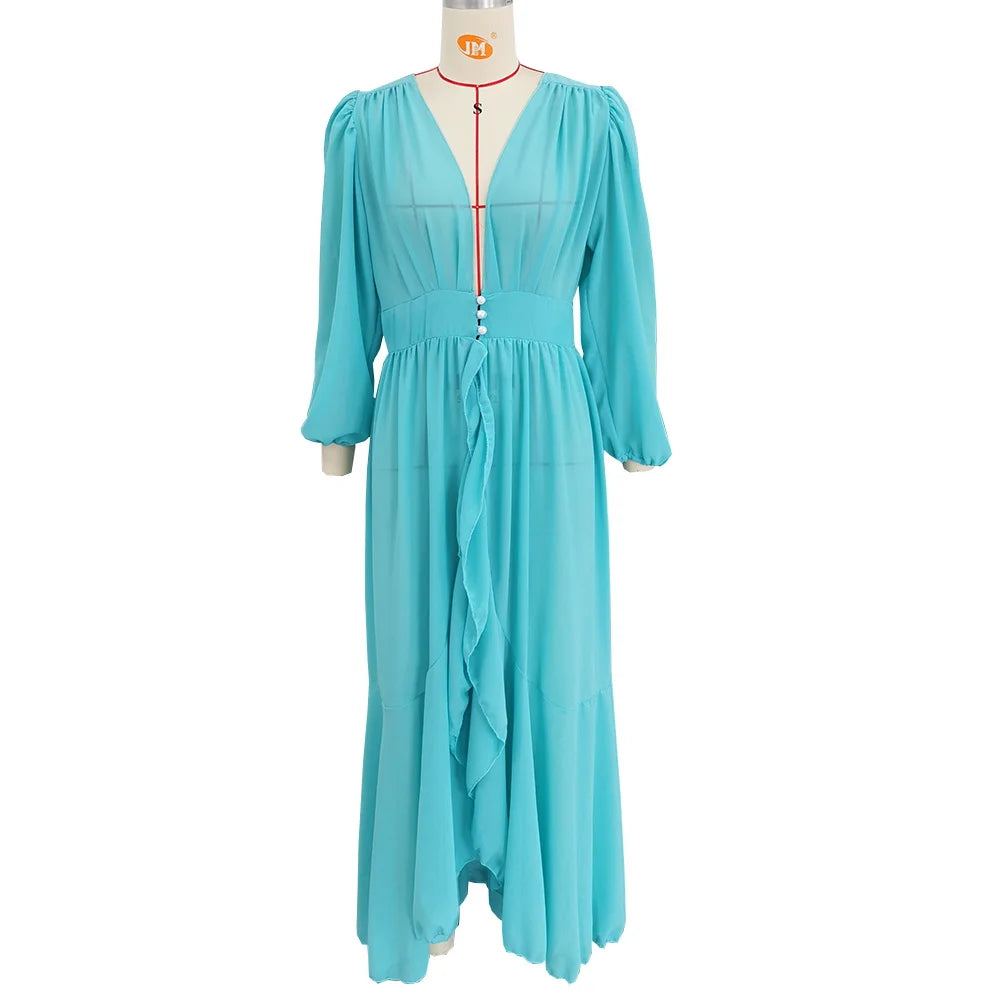 Chiffon Tie Robe with Large Swing Ruffles and Puff Sleeves