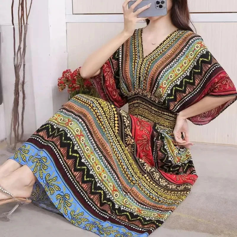 Bohemian Dress, Striped Colorful Flower Print, V-Neck, Elastic Waist, Large Swing Skirt, Batwing Sleeves