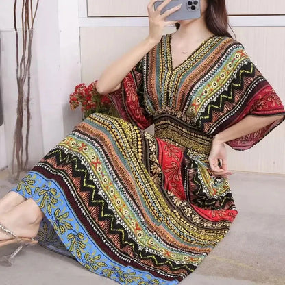 Bohemian Dress, Striped Colorful Flower Print, V-Neck, Elastic Waist, Large Swing Skirt, Batwing Sleeves