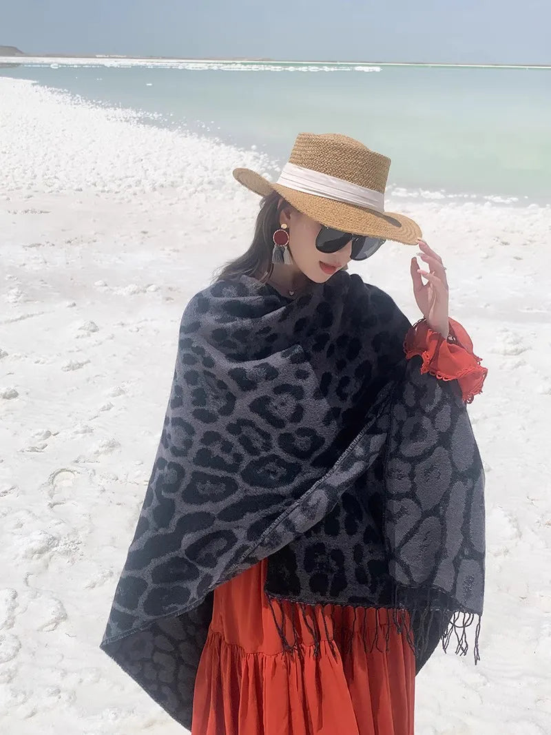 Vintage Boho Leopard Print Soft Over-the-Head Cloaks With Tassels
