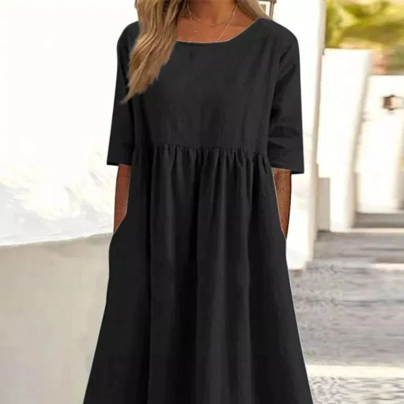 Cotton and Linen Casual Short Sleeves, Pockets, Loose Round Neck