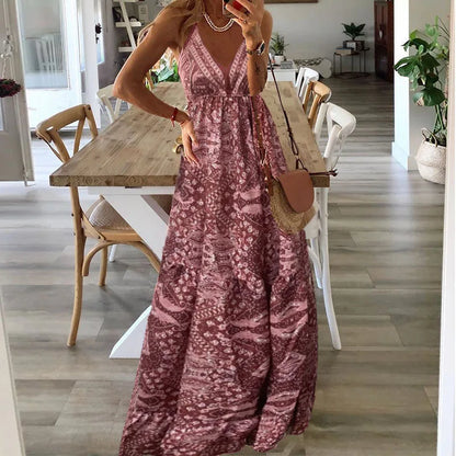 Boho Long Dress V-Neck High Waist Floral Print Maxi Gown European And American New Style Strapless Dress
