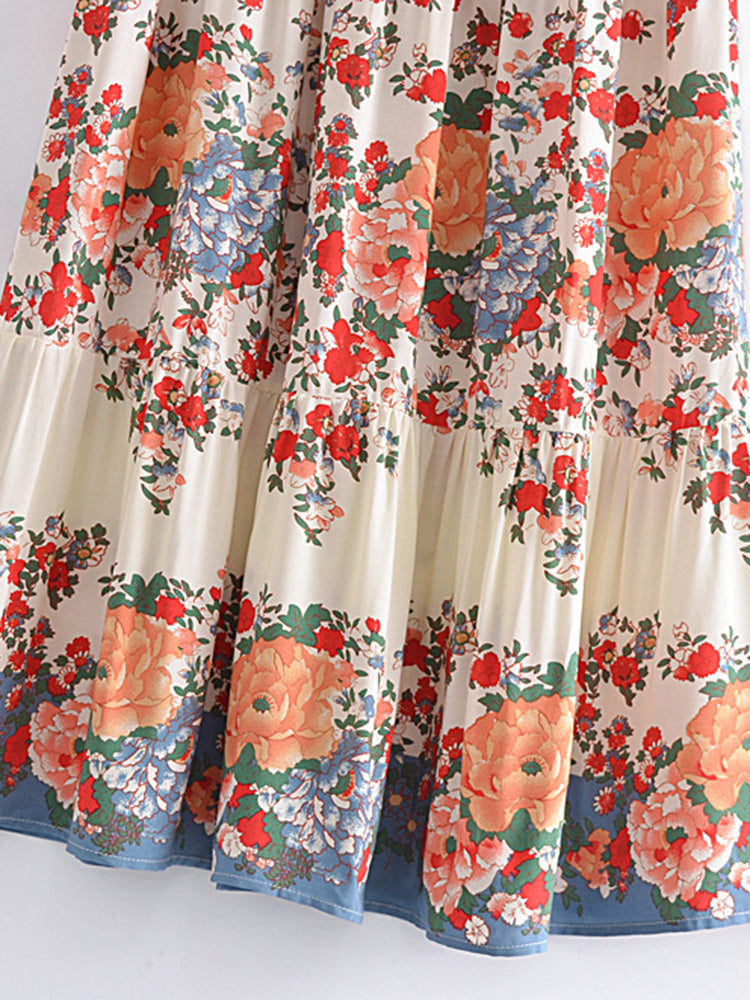 Vintage Chic Bohemian Floral Print  Hippie Skirt High Elastic Waist Maxi Skirt