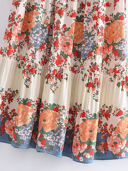 Vintage Chic Bohemian Floral Print  Hippie Skirt High Elastic Waist Maxi Skirt