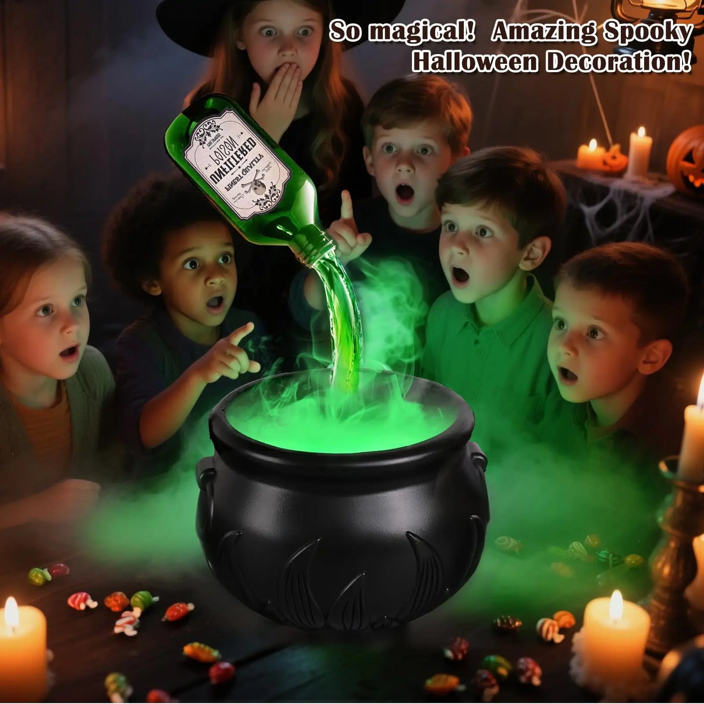 1 Set. Halloween Witch Cauldron with LED Light & Fog Mist Maker.  Skeleton in Cauldron for Spooky Hocus Pocus Decoration