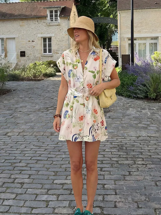 Boho Floral Print Shirt Mini Dress With Belt and Button Down Front, Tie Waist