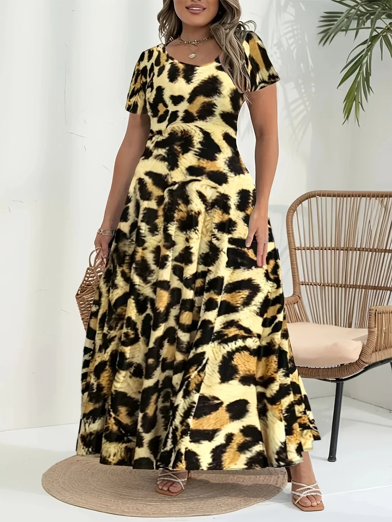 Sizes 1XL-5XL Casual Print Round Neck Short Sleeved Flared Hem Long Dress