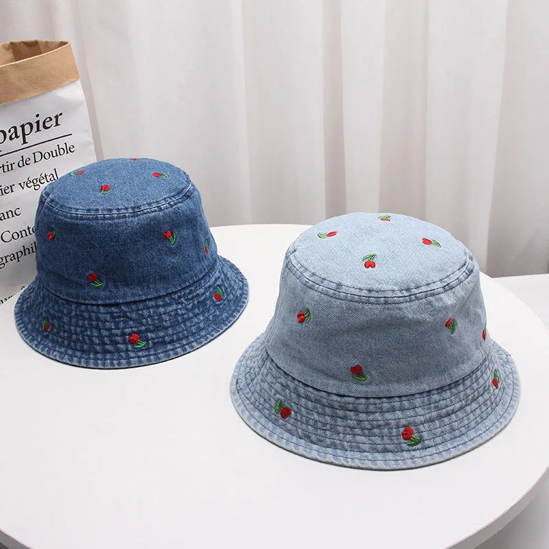 Washed Denim Embroidered Watermelon, Bows, and Cherries to choose from in various colors!