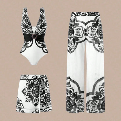 Sexy Three-Piece Swimsuit Set, High Elasticity Backless Swimwear. Skirt and Pants