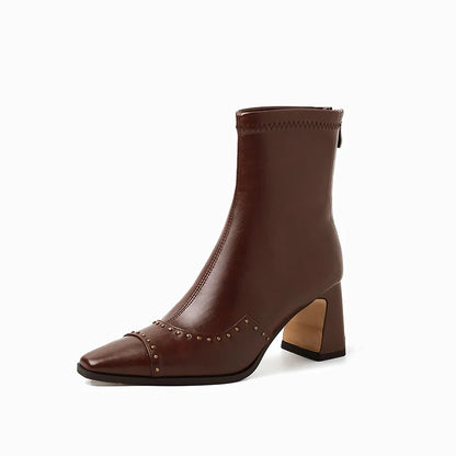 Rivetted Boots with Square Toes and Chunky Heels. Over the Ankle Stretch Tops