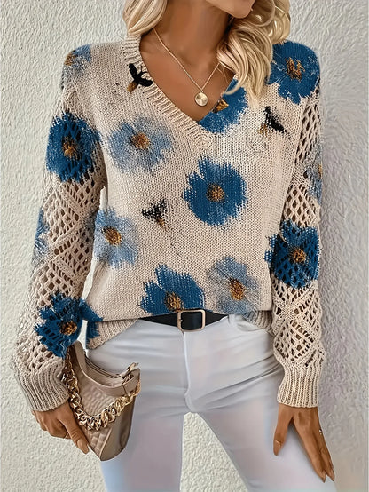Boho Floral Print V Neck Crocheted Long Sleeved Sweater with Hollowed Out Knit Sleeves in 12 Different Designs