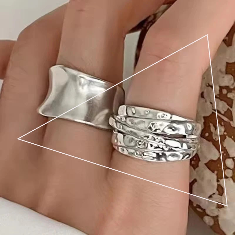 Sterling Silver Rings INS Fashion Vintage Hollow Lines  Adjustable  Jewelry