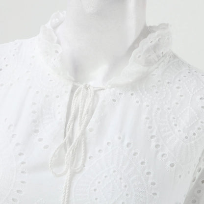 Sizes to 2XL, Bohemian, White Cotton Casual Dress, Loose, Tatting on Dress and Sleeves, V-Neck with Tie Cord