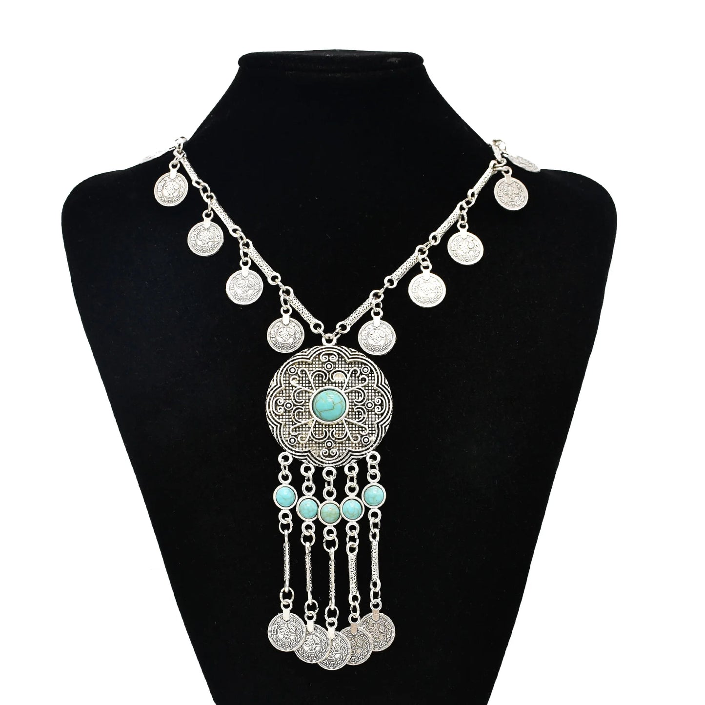 Bohemian Black Blue Stones, Coin tassel Necklace Turkish Gypsy Boho