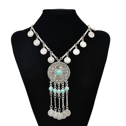 Bohemian Black Blue Stones, Coin tassel Necklace Turkish Gypsy Boho