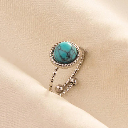 1pc Boho Turquoise Ring Stainless Steel Light Blue Gemstone Silver Adjustable Ring