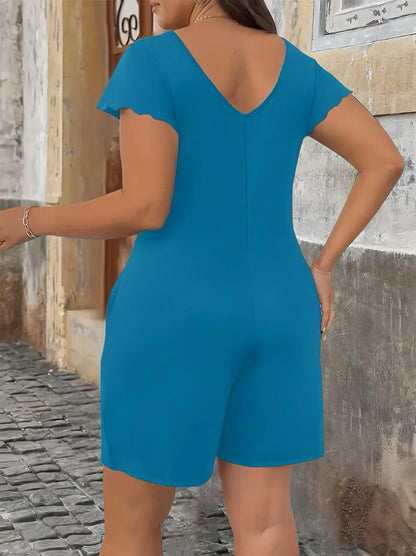 Sizes to 5XL V-Neck Flounce Sleeve Short Jumpsuit with Pockets. In Orange, Blue, Grey, and Black