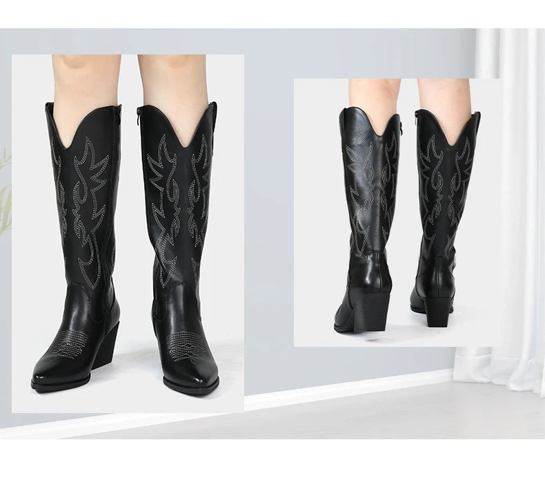 Embroidered Western Cowgirl Boots, Pointed Toe, Thick Heel,  Knee High Boots
