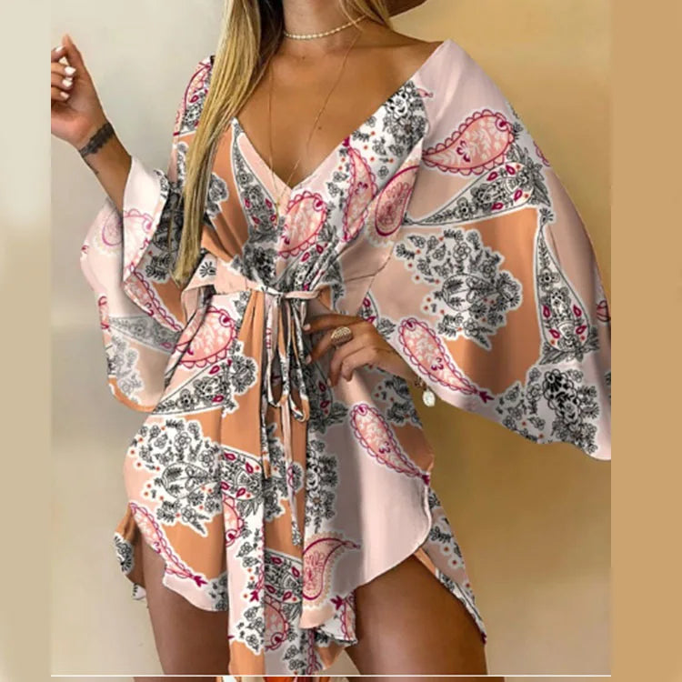 Boho Print Mini Dress or Beach Cover-Up in 12 different Prints, V-Neck, Bat Sleeves, Short Angular Hem, Gathered Waist