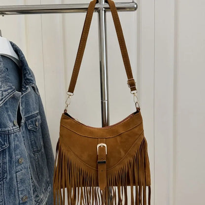 Bohemian Suede Leather Under-Arm Zipper, Tassels, Shoulder Bag, Solid Color PU Leather, Black, Grey, Coffee, and Light Brown