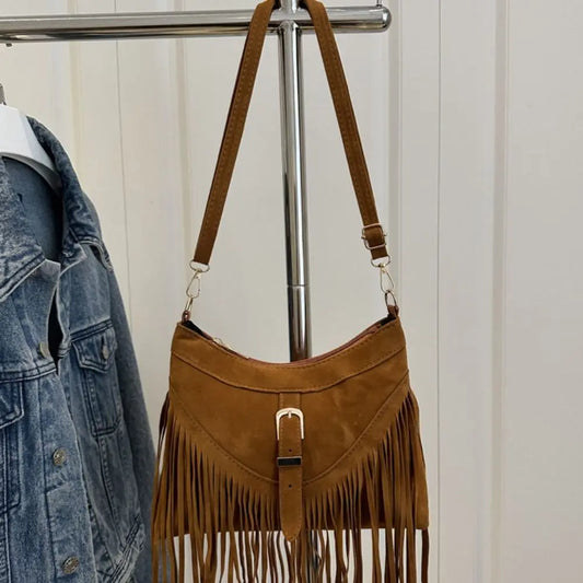 Bohemian Suede Leather Under-Arm Zipper, Tassels, Shoulder Bag, Solid Color PU Leather, Black, Grey, Coffee, and Light Brown