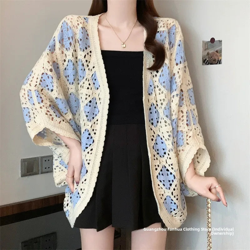 Bohemian Style Hollowed-out Long Sleeve Light Weight Sweater with V Neck and Batwing Sleeves