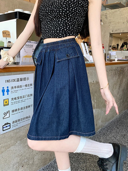 Sizes to 4XL, Casual, Loose A-line, Gathered Denim Skirt With Under-Shorts and Elastic Waist, Comfortable and Fashoinable