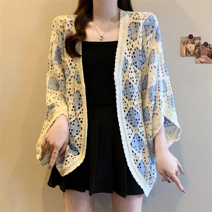 Bohemian Style Hollowed-out Long Sleeve Light Weight Sweater with V Neck and Batwing Sleeves