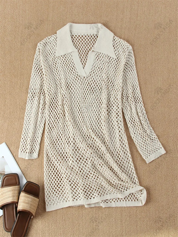 Solid Color Beach Knit Mini Dress, Long Sleeve Swimsuit Cover Up, Boho Holiday Loose Overwear