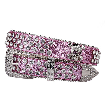 Rhinestone Skull Belt with Studded PU Leather Country or Punk Belt. Also in Silver and Pink PU Leather