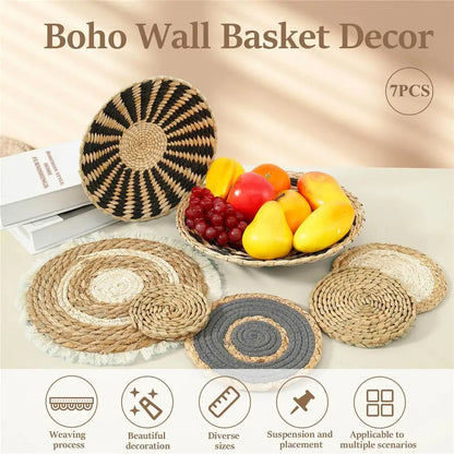 4/7PCS Boho Seagrass Rattan Wicker Handmade Wall Art